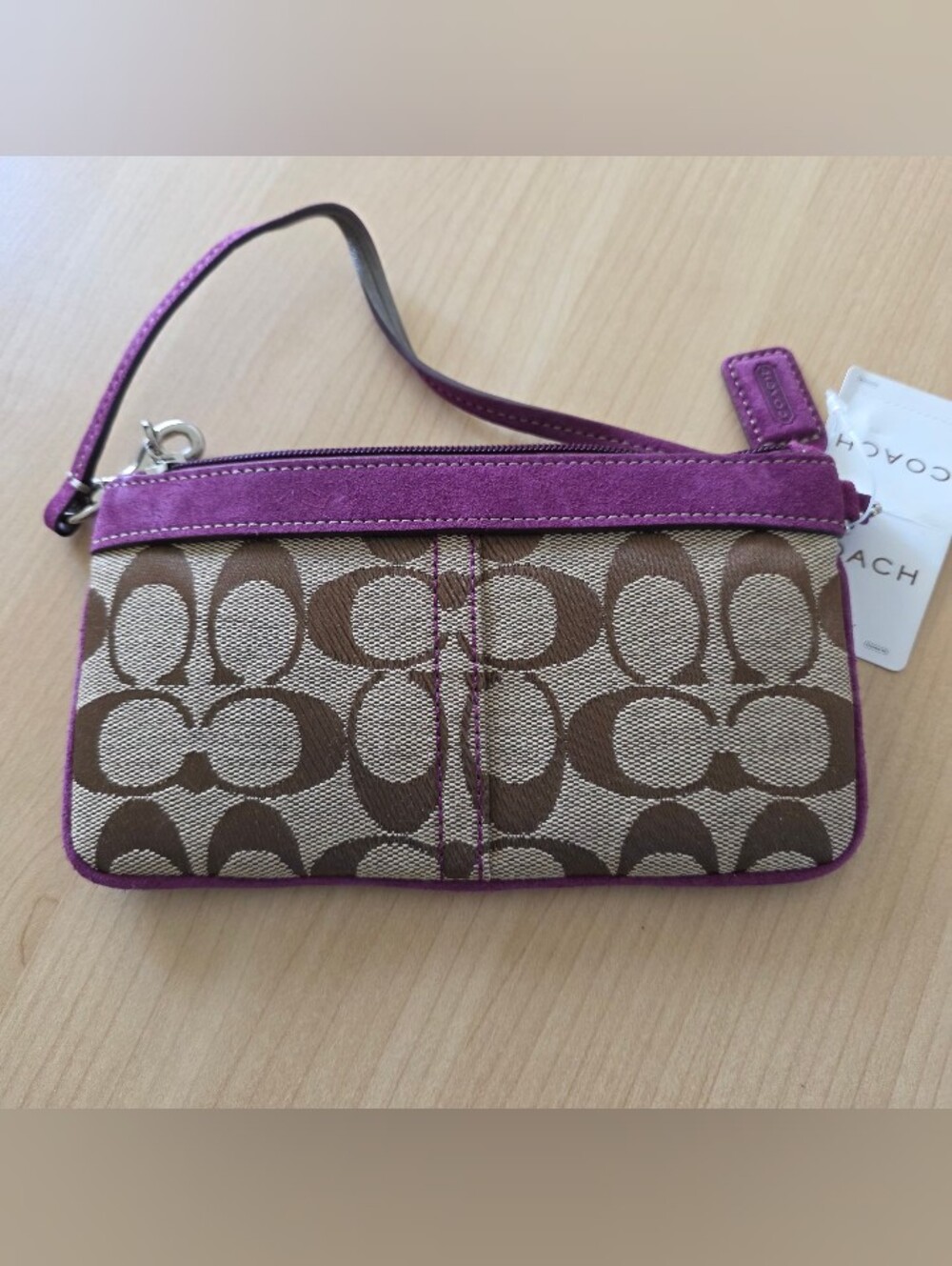 Coach Brown Signature Canvas Wristlet with Purple Suede Trim